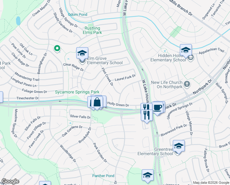 map of restaurants, bars, coffee shops, grocery stores, and more near 4011 Flint Creek Drive in Humble