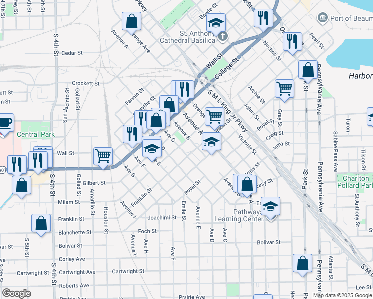 map of restaurants, bars, coffee shops, grocery stores, and more near 1525 Milam Street in Beaumont