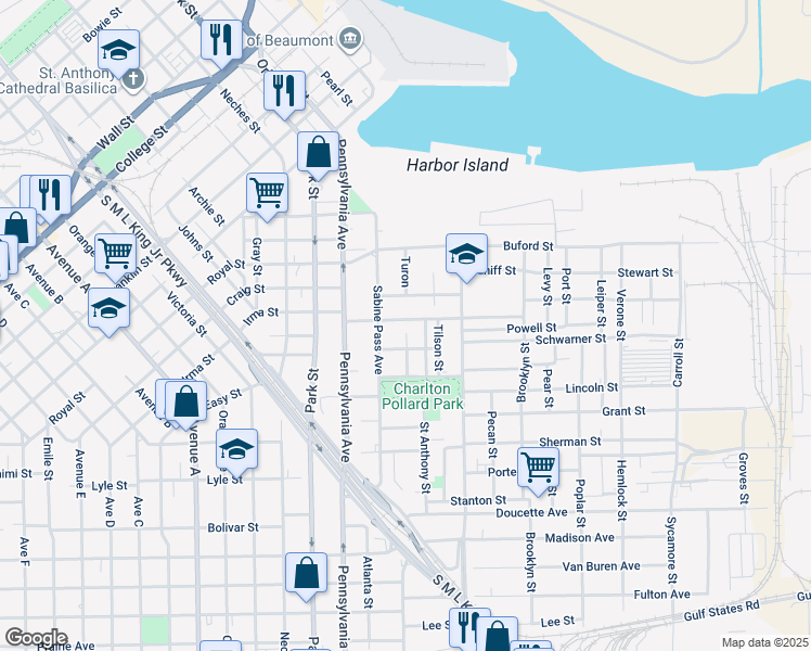 map of restaurants, bars, coffee shops, grocery stores, and more near 435 Jackson Street in Beaumont