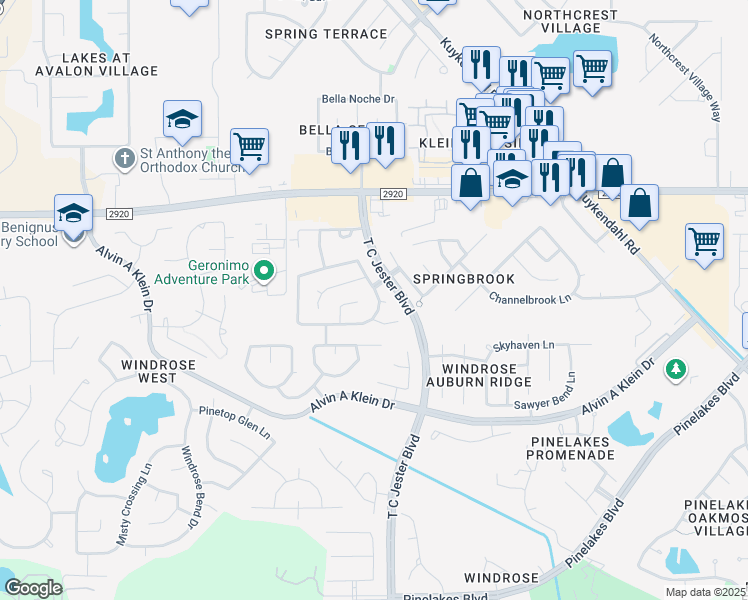 map of restaurants, bars, coffee shops, grocery stores, and more near 21215 Misty Brook Bend Lane in Spring