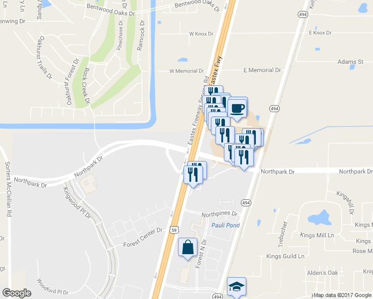 map of restaurants, bars, coffee shops, grocery stores, and more near 25408 U.S. 59 in Porter