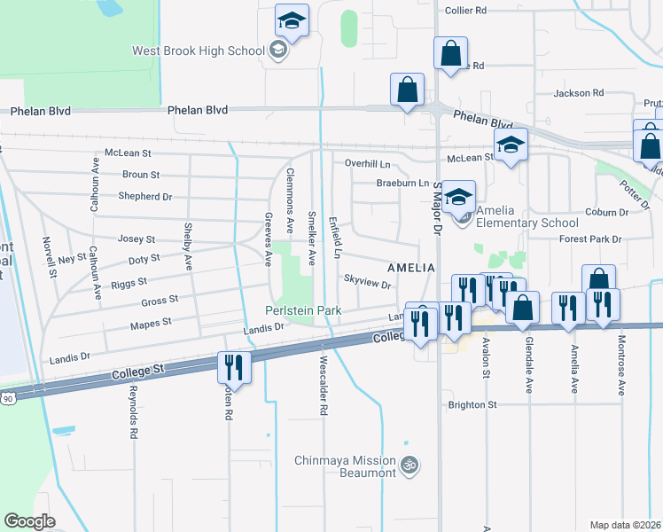 map of restaurants, bars, coffee shops, grocery stores, and more near 575 Smelker Avenue in Beaumont