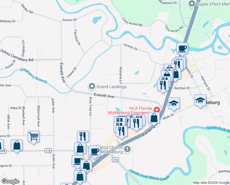 map of restaurants, bars, coffee shops, grocery stores, and more near 2104 Wisteria Lane in Middleburg