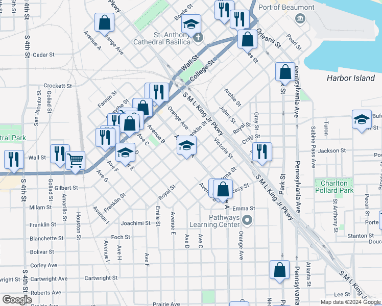 map of restaurants, bars, coffee shops, grocery stores, and more near 1298 Avenue A in Beaumont