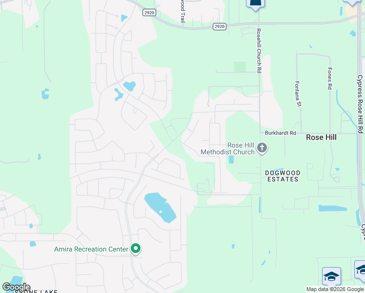 map of restaurants, bars, coffee shops, grocery stores, and more near Rosehill Reserve Drive in Tomball