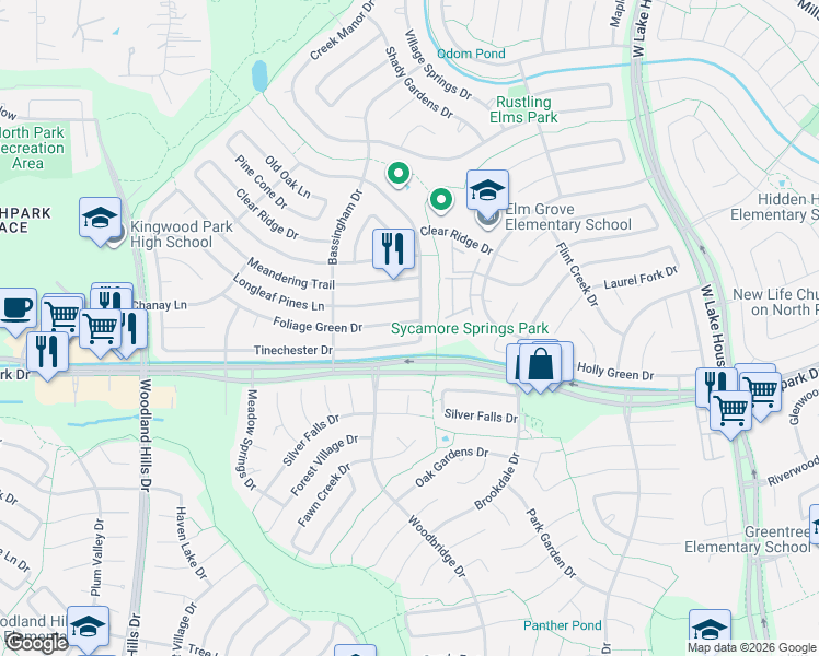 map of restaurants, bars, coffee shops, grocery stores, and more near 2767 Foliage Green Drive in Humble