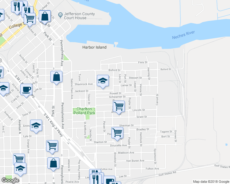map of restaurants, bars, coffee shops, grocery stores, and more near 1825 Brooklyn Street in Beaumont