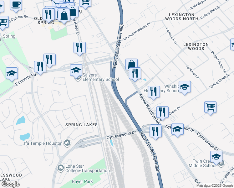 map of restaurants, bars, coffee shops, grocery stores, and more near Hardy Toll Road in Spring