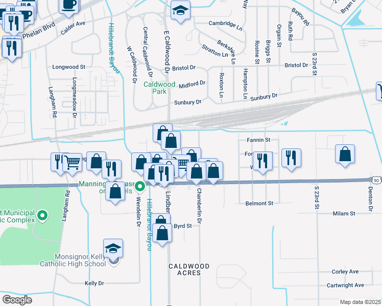 map of restaurants, bars, coffee shops, grocery stores, and more near 690 Chamberlin Drive in Beaumont