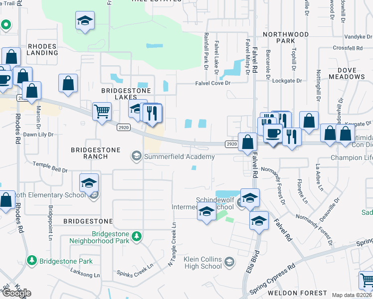 map of restaurants, bars, coffee shops, grocery stores, and more near 4131 Farm to Market 2920 in Spring