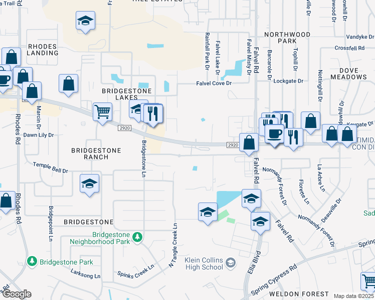 map of restaurants, bars, coffee shops, grocery stores, and more near 4131 Farm to Market 2920 in Spring