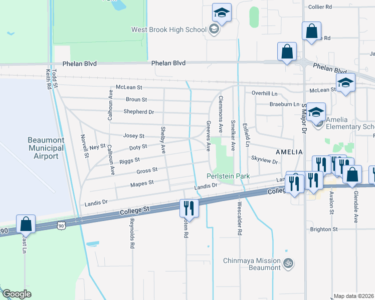 map of restaurants, bars, coffee shops, grocery stores, and more near 9165 Doty Street in Beaumont