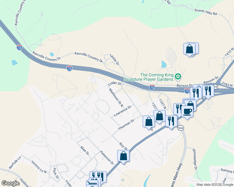 map of restaurants, bars, coffee shops, grocery stores, and more near 302 Mathison Street North in Kerrville