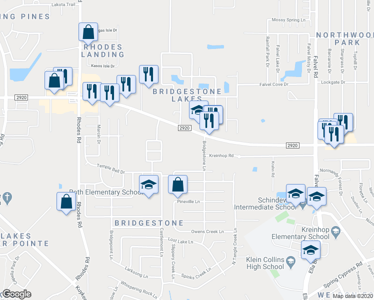 map of restaurants, bars, coffee shops, grocery stores, and more near 21825 Bridgestone Lane in Spring