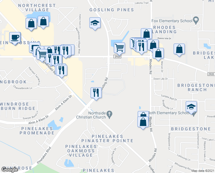 map of restaurants, bars, coffee shops, grocery stores, and more near 21000 Gosling Road in Spring