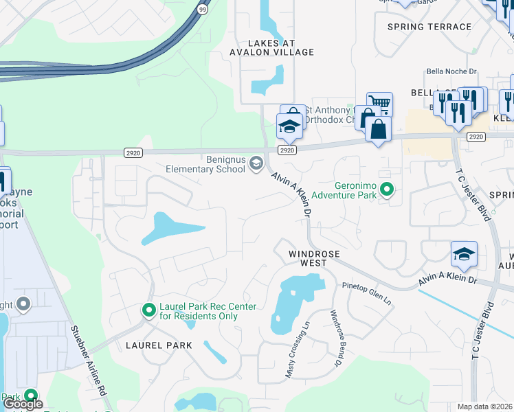 map of restaurants, bars, coffee shops, grocery stores, and more near 7239 Emerald Run Lane in Spring