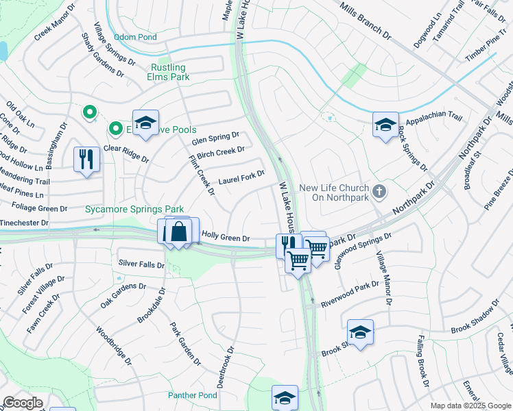 map of restaurants, bars, coffee shops, grocery stores, and more near 4015 Pecan Knoll Drive in Humble