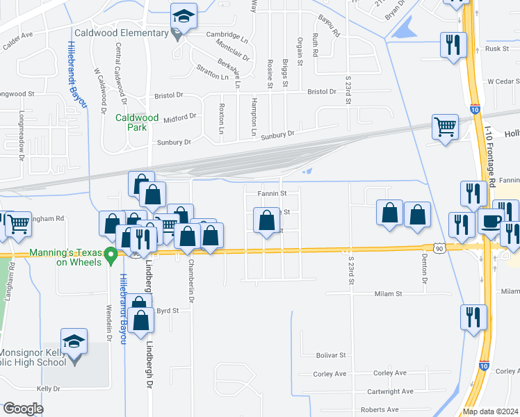 map of restaurants, bars, coffee shops, grocery stores, and more near 5110 Forsythe Street in Beaumont