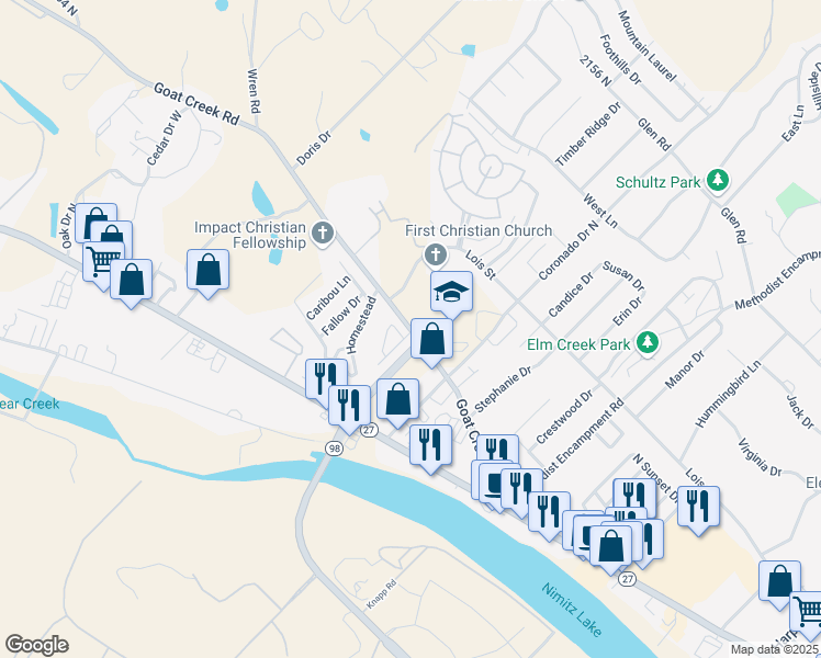 map of restaurants, bars, coffee shops, grocery stores, and more near 1840 Goat Creek Road in Kerrville