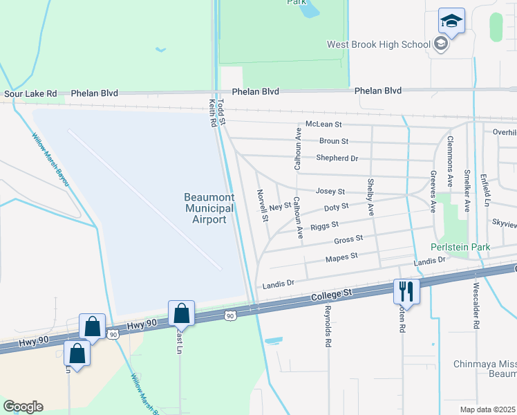 map of restaurants, bars, coffee shops, grocery stores, and more near 470 Norvell Street in Beaumont