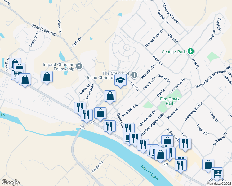 map of restaurants, bars, coffee shops, grocery stores, and more near 1840 Goat Creek Road in Kerrville