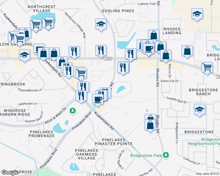 map of restaurants, bars, coffee shops, grocery stores, and more near Gosling Road in Spring