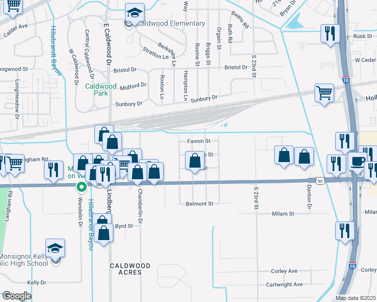 map of restaurants, bars, coffee shops, grocery stores, and more near 5195 Fannin Street in Beaumont