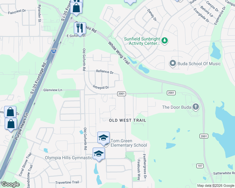 map of restaurants, bars, coffee shops, grocery stores, and more near Farm to Market Road 2001 in Buda