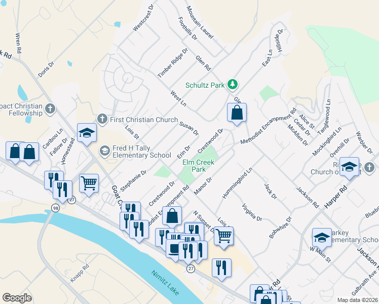 map of restaurants, bars, coffee shops, grocery stores, and more near 228 Crestwood Drive in Kerrville