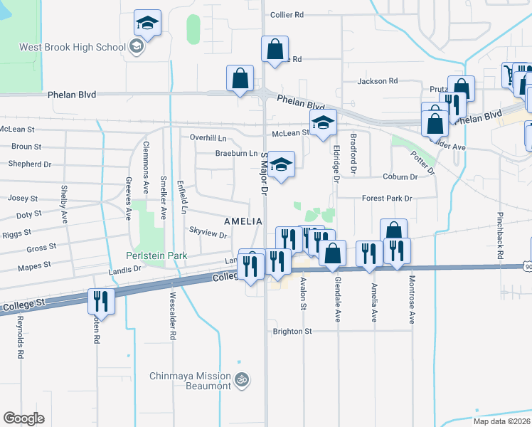 map of restaurants, bars, coffee shops, grocery stores, and more near 301-599 South Major Drive in Beaumont