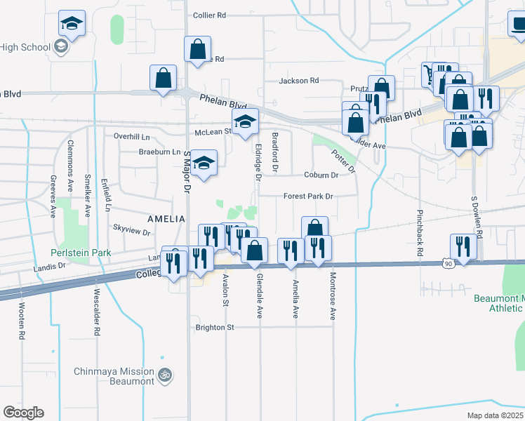 map of restaurants, bars, coffee shops, grocery stores, and more near 535 Eldridge Drive in Beaumont