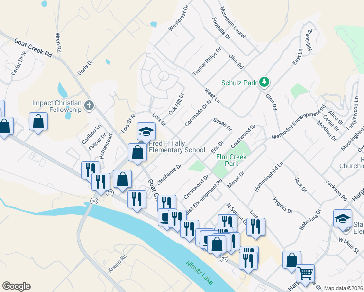 map of restaurants, bars, coffee shops, grocery stores, and more near 132 Candice Drive in Kerrville