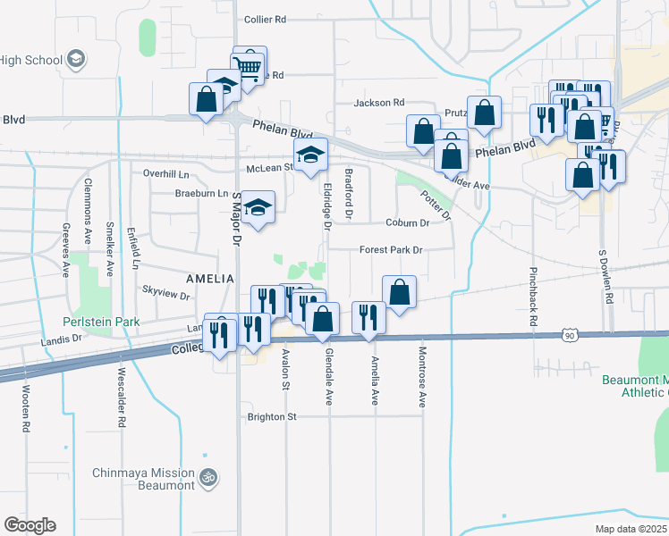 map of restaurants, bars, coffee shops, grocery stores, and more near 535 Eldridge Drive in Beaumont