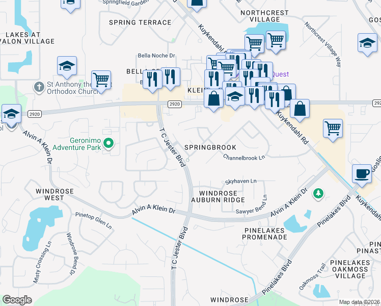 map of restaurants, bars, coffee shops, grocery stores, and more near 21206 Springbrook Hollow Court in Spring
