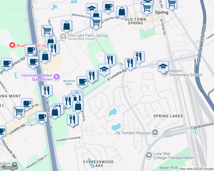 map of restaurants, bars, coffee shops, grocery stores, and more near 25827 Sarah Springs Court in Spring