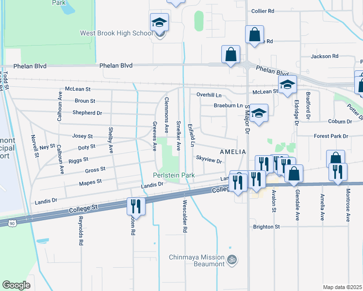 map of restaurants, bars, coffee shops, grocery stores, and more near 575 Smelker Avenue in Beaumont