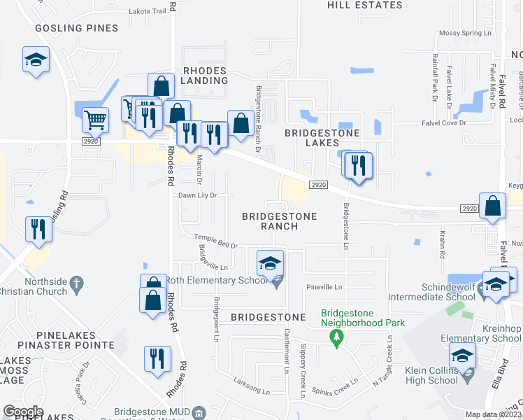 map of restaurants, bars, coffee shops, grocery stores, and more near 20911 Sedona Ranch Lane in Spring