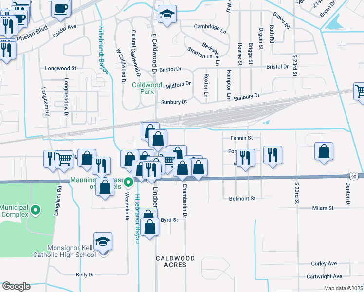 map of restaurants, bars, coffee shops, grocery stores, and more near 690 Chamberlin Drive in Beaumont