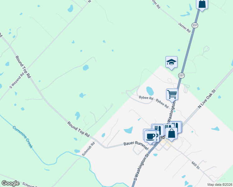 map of restaurants, bars, coffee shops, grocery stores, and more near 565 Bybee Road in Round Top