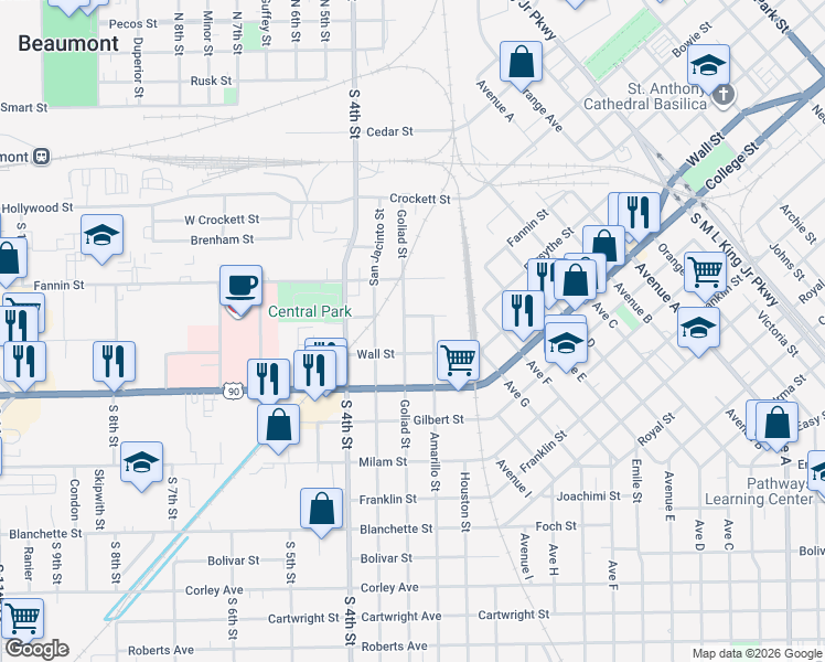 map of restaurants, bars, coffee shops, grocery stores, and more near 753 Goliad Street in Beaumont