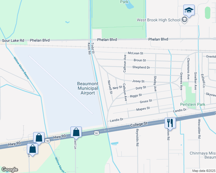 map of restaurants, bars, coffee shops, grocery stores, and more near 470 Norvell Street in Beaumont
