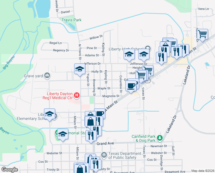 map of restaurants, bars, coffee shops, grocery stores, and more near 1514 Kipling Street in Liberty