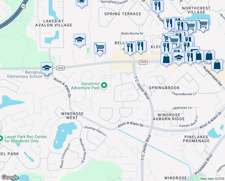 map of restaurants, bars, coffee shops, grocery stores, and more near 21315 Shadow River Lane in Spring