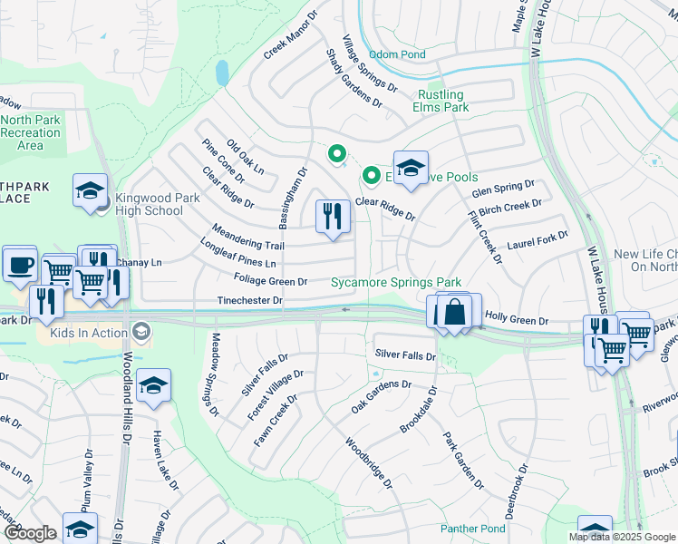 map of restaurants, bars, coffee shops, grocery stores, and more near 2755 Foliage Green Drive in Houston