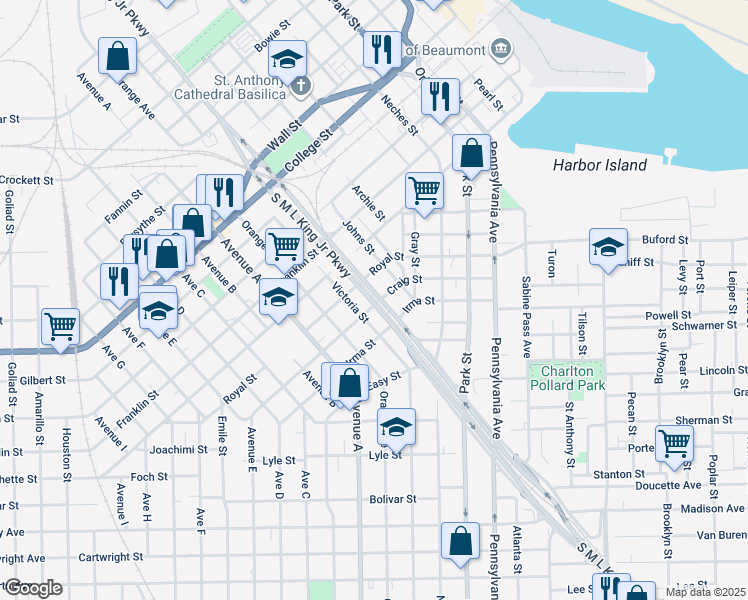 map of restaurants, bars, coffee shops, grocery stores, and more near 1494 South Martin Luther King Junior Parkway in Beaumont