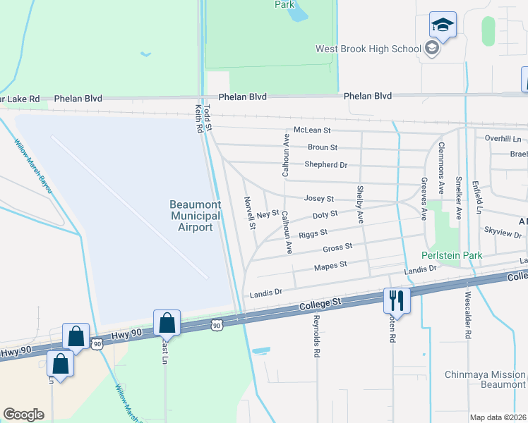 map of restaurants, bars, coffee shops, grocery stores, and more near 490 Adsit Street in Beaumont