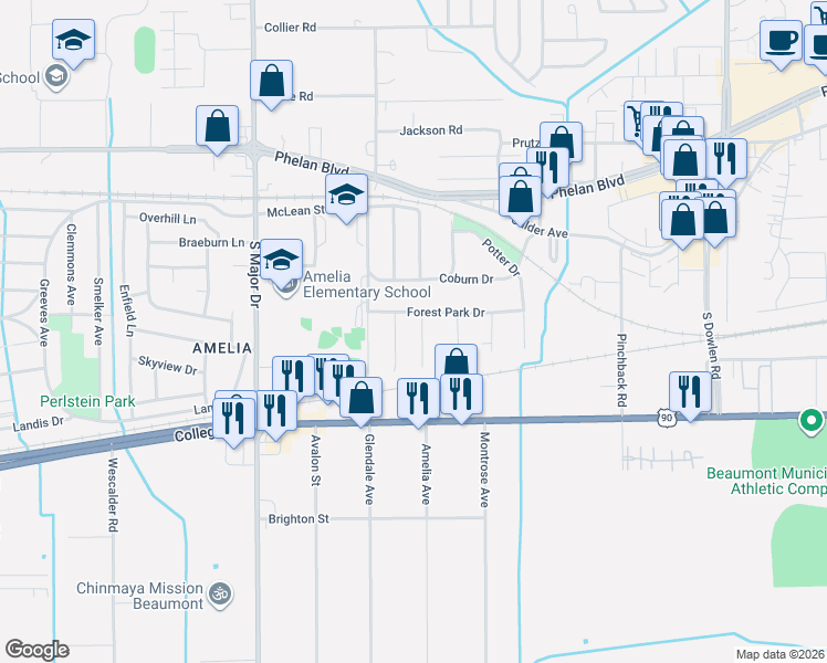 map of restaurants, bars, coffee shops, grocery stores, and more near 530 Carnahan Pl in Beaumont