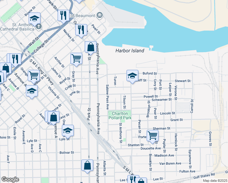 map of restaurants, bars, coffee shops, grocery stores, and more near 435 Jackson Street in Beaumont