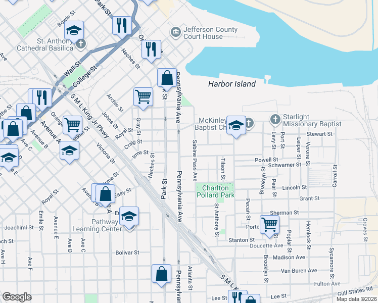 map of restaurants, bars, coffee shops, grocery stores, and more near 1720 Sabine Pass Avenue in Beaumont