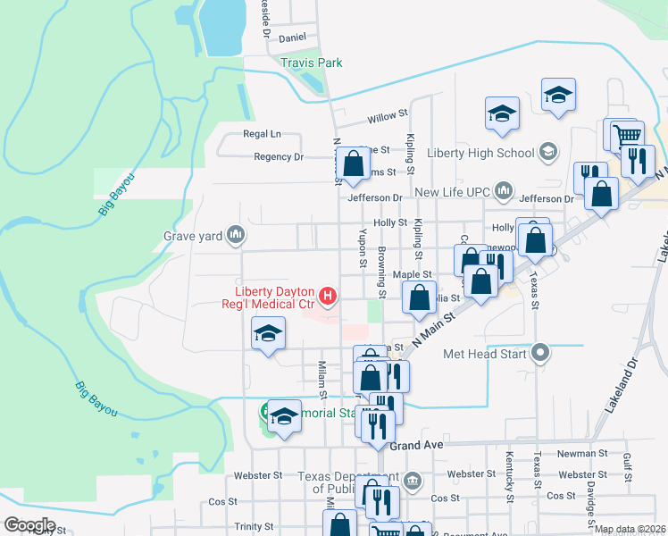 map of restaurants, bars, coffee shops, grocery stores, and more near 1501 North Travis Street in Liberty